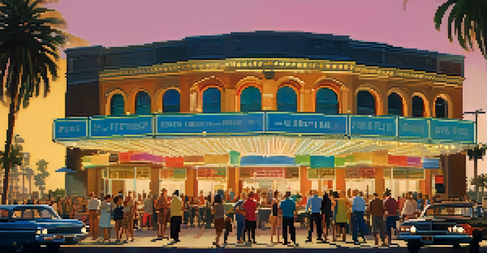 A lively outdoor scene at the San Diego International Film Festival with diverse individuals discussing in front of a historic theater, colorful banners, and palm trees in the background.