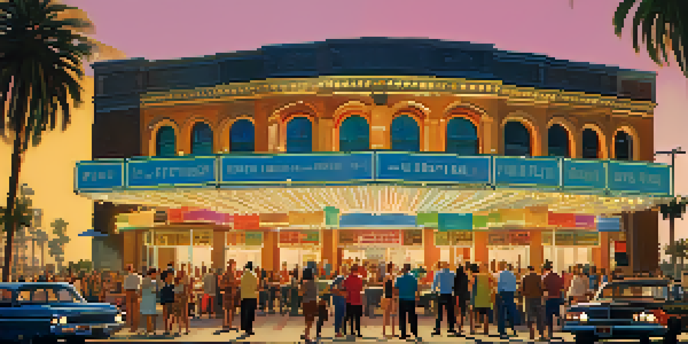 A lively outdoor scene at the San Diego International Film Festival with diverse individuals discussing in front of a historic theater, colorful banners, and palm trees in the background.