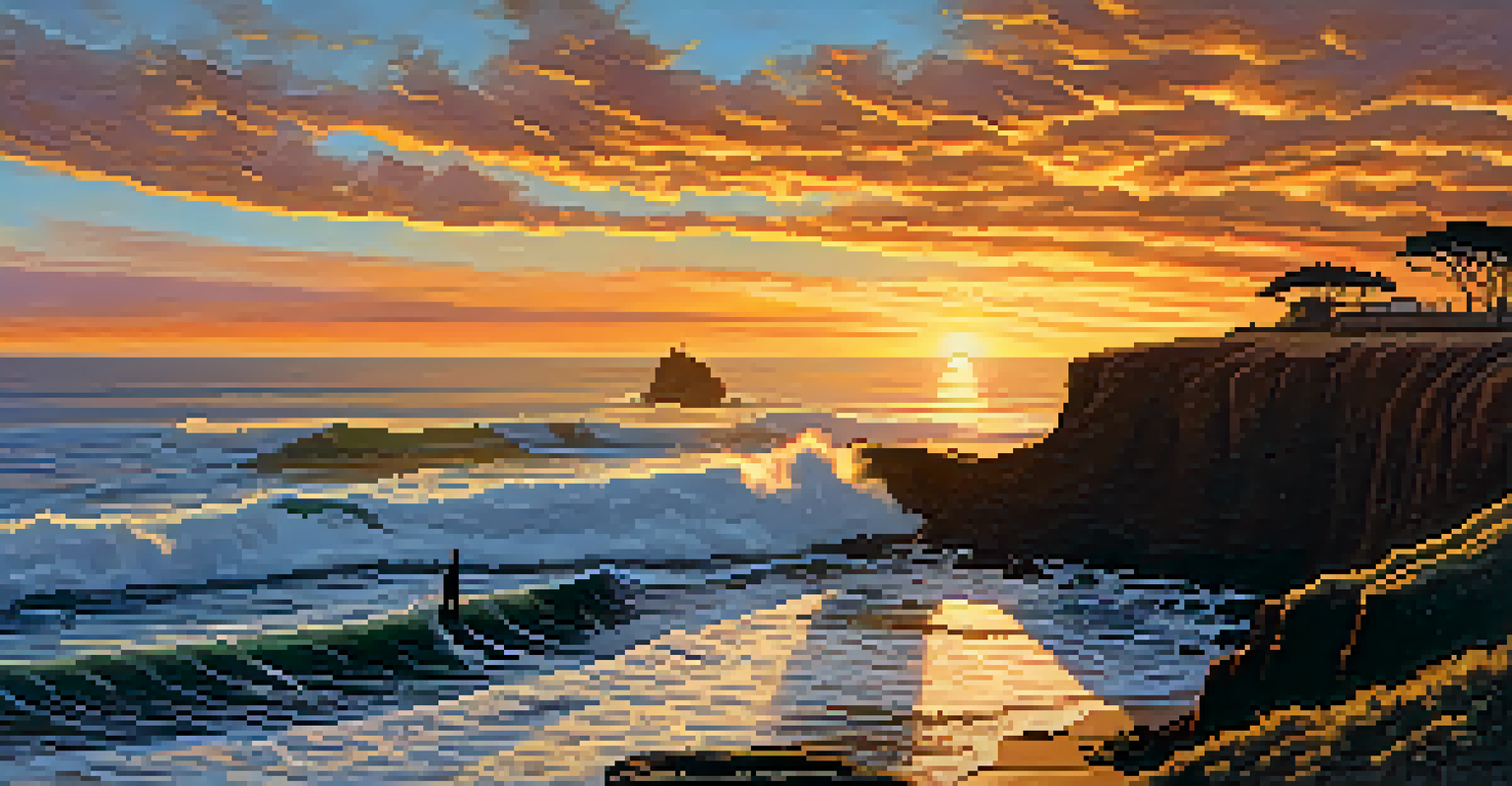 A sunset at Sunset Cliffs with rugged bluffs, crashing waves, and a couple enjoying the view.
