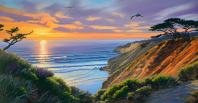 A sunset view of cliffs and ocean with seabirds flying in the foreground, and a Torrey Pine tree silhouette.