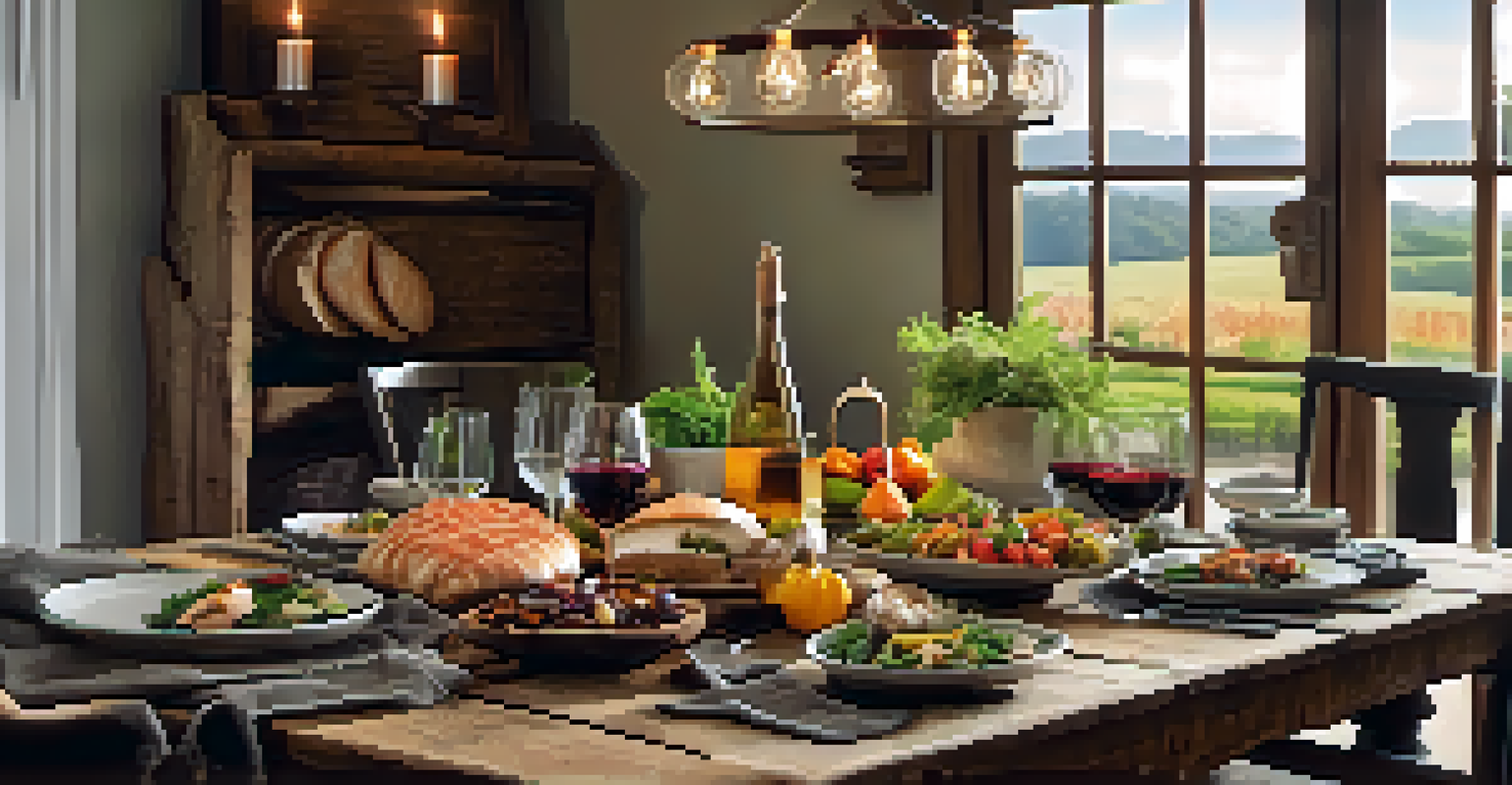 A rustic table set for a farm-to-table dining experience with seasonal dishes, grilled vegetables, and local wine.