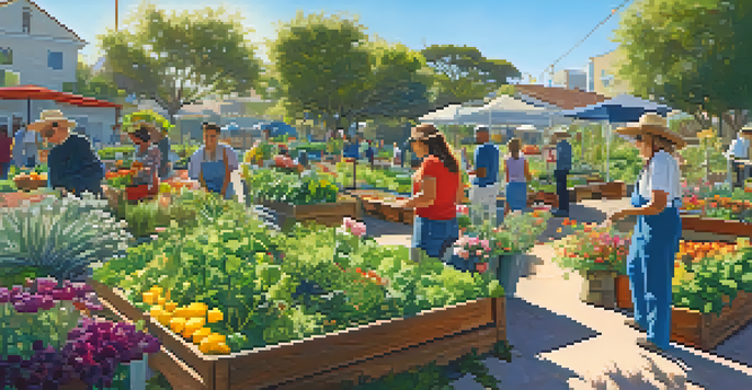 A community garden filled with colorful plants and flowers, with people gardening under the sunlight.