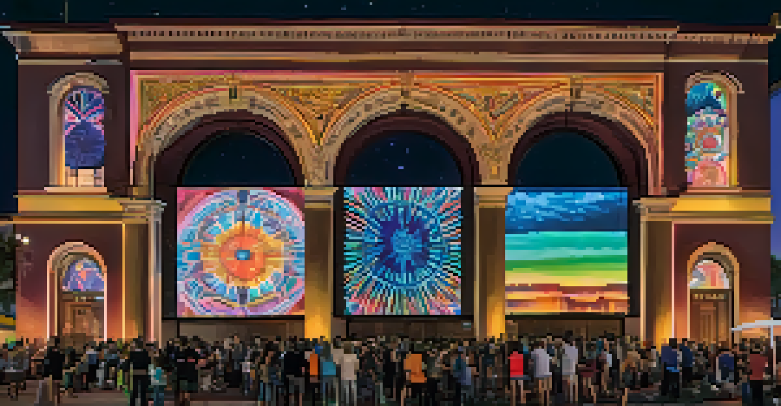 A colorful digital art projection on a historic building in San Diego during an art festival, with a crowd enjoying the visuals.