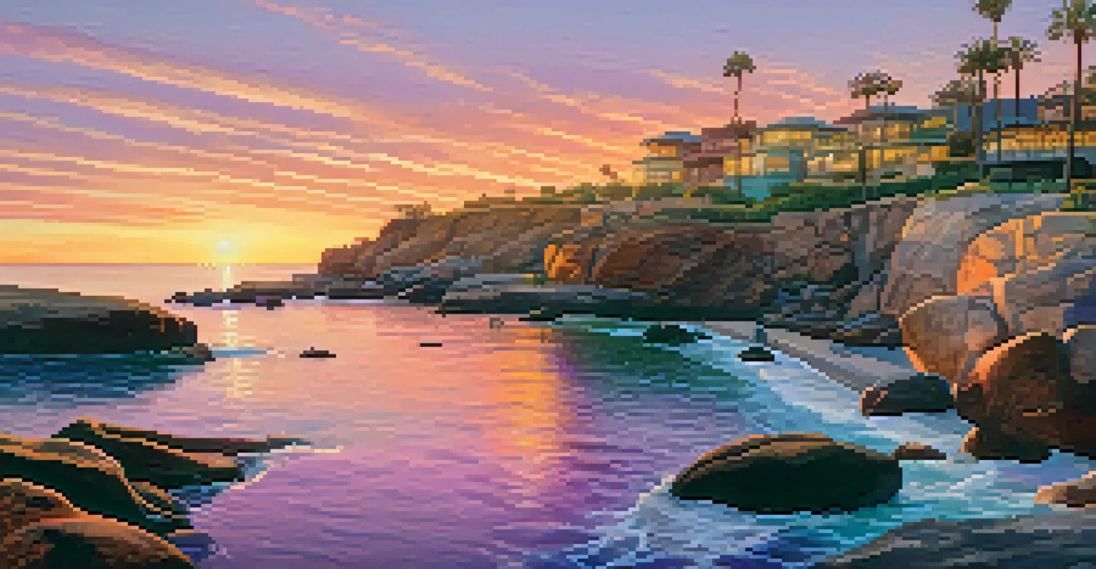 A sunset over La Jolla Cove with sea lions on the rocks and colorful fish in the water.