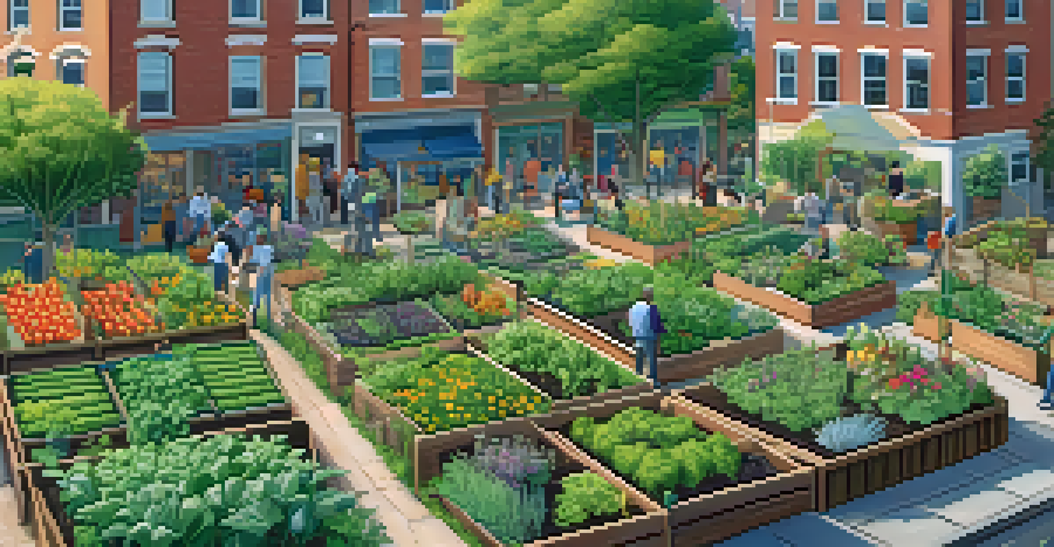 An aerial view of a community garden with raised beds of vegetables, where gardeners are collaborating amid urban surroundings.