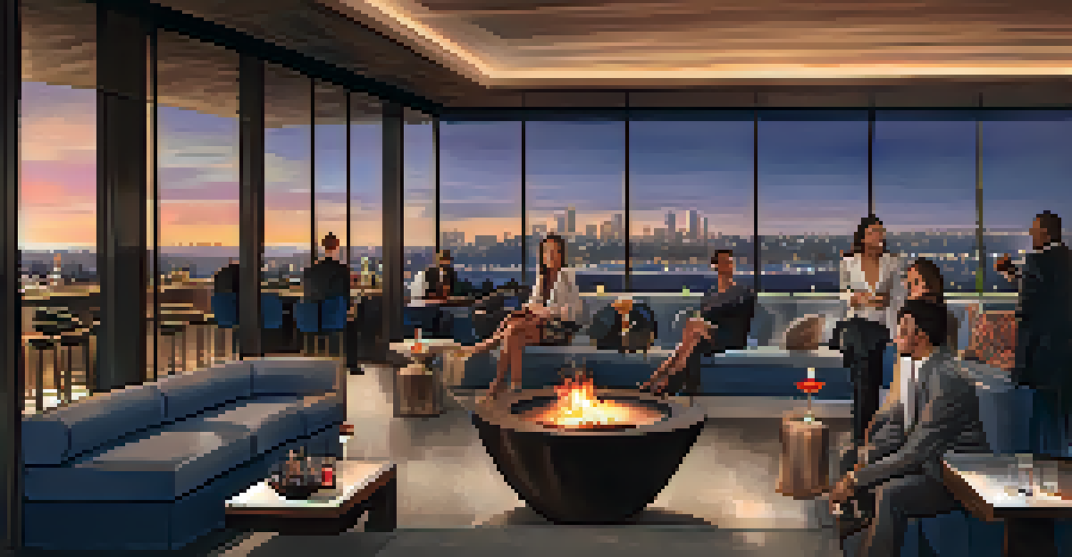 A stylish rooftop bar with elegant seating, patrons enjoying cocktails, and a stunning view of the San Diego skyline at dusk.