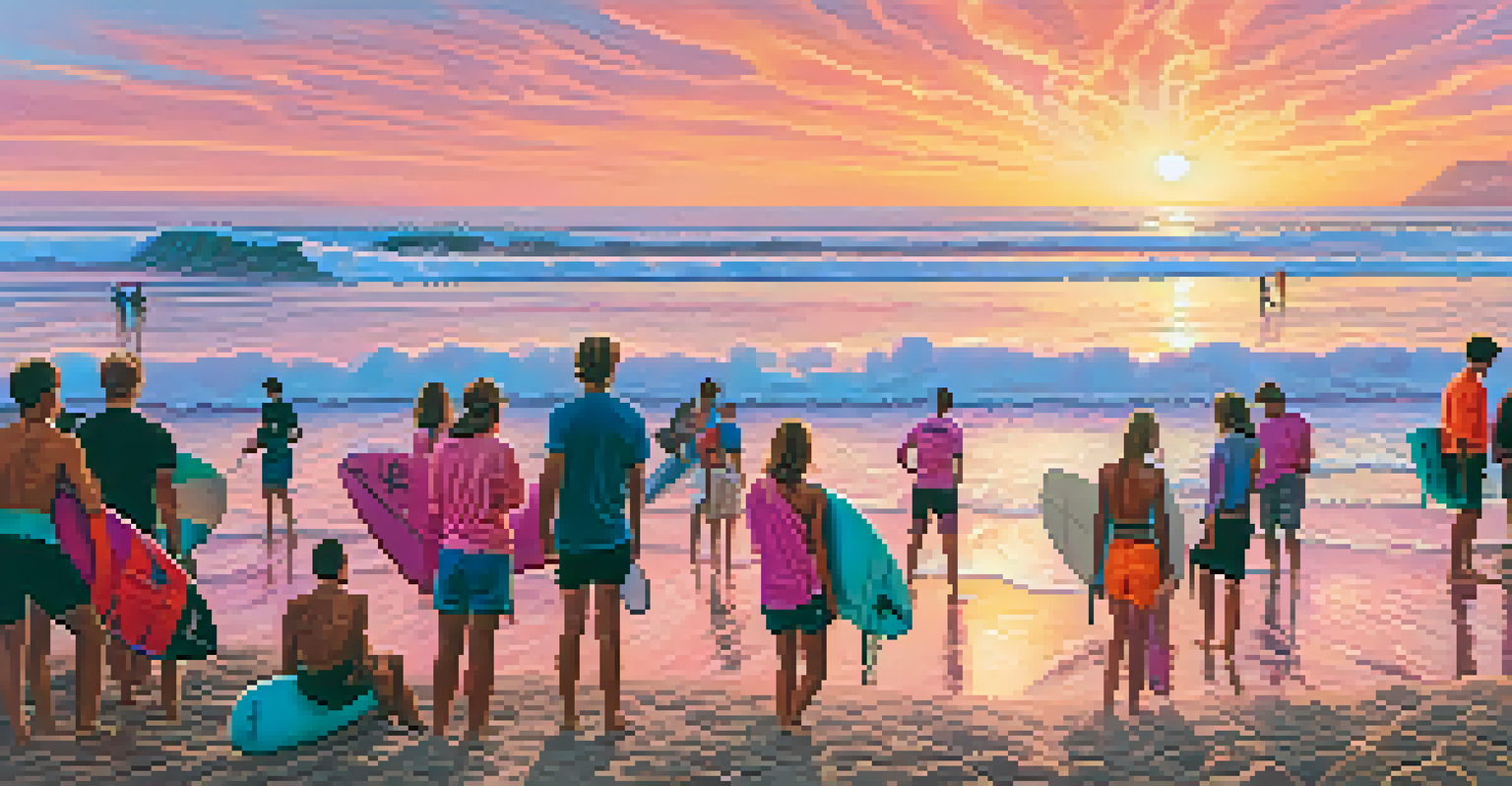 Beautiful sunset over a surfing competition in San Diego, with surfers and spectators enjoying the beach atmosphere.