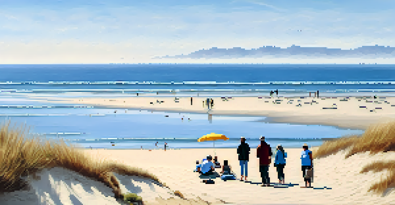 A peaceful view of Silver Strand State Beach, with golden sand, calm ocean waves, and beachgoers enjoying the serene atmosphere.
