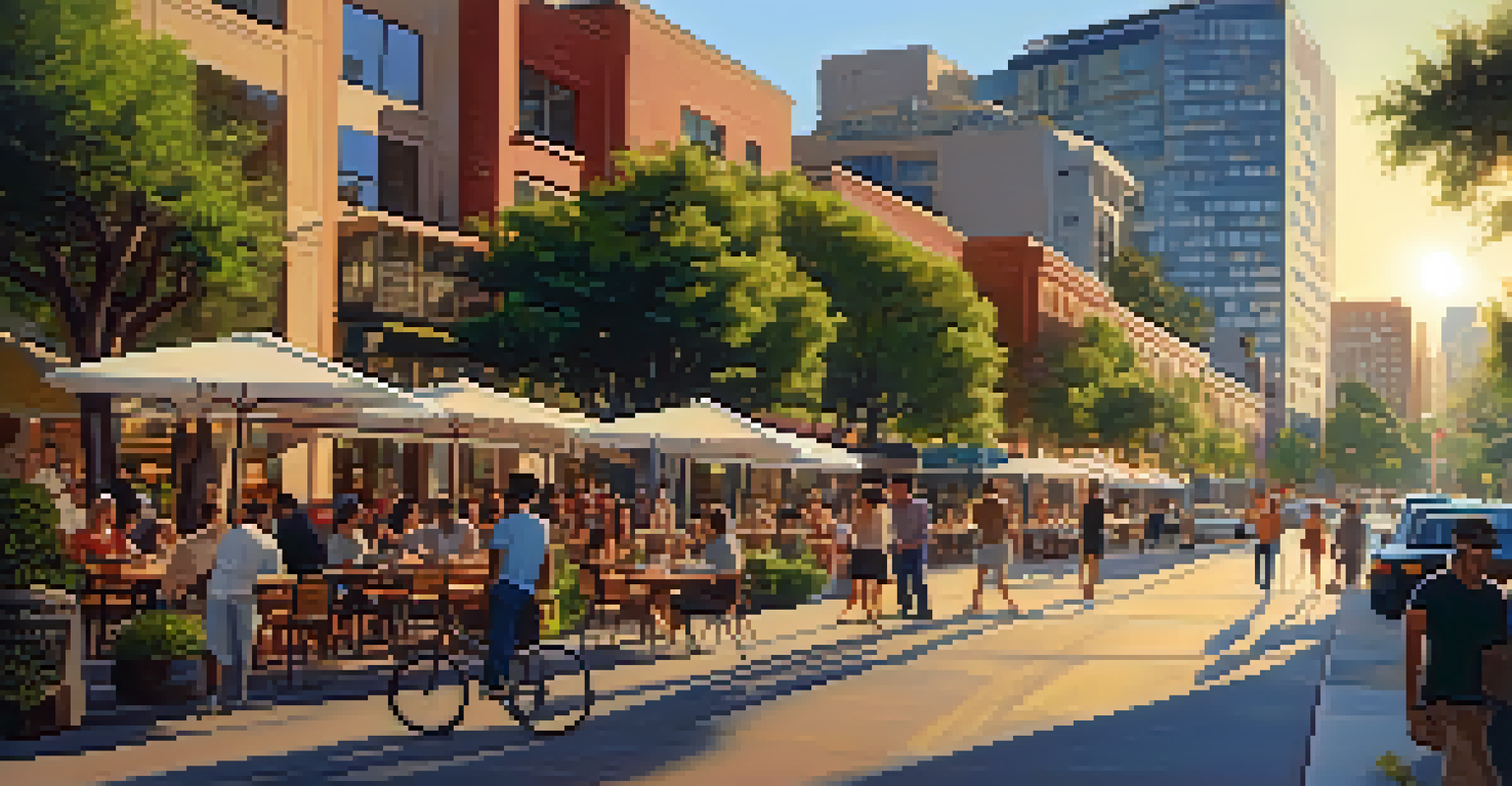 A lively downtown San Diego scene during golden hour, with modern buildings, people at outdoor cafes, and greenery from parks.