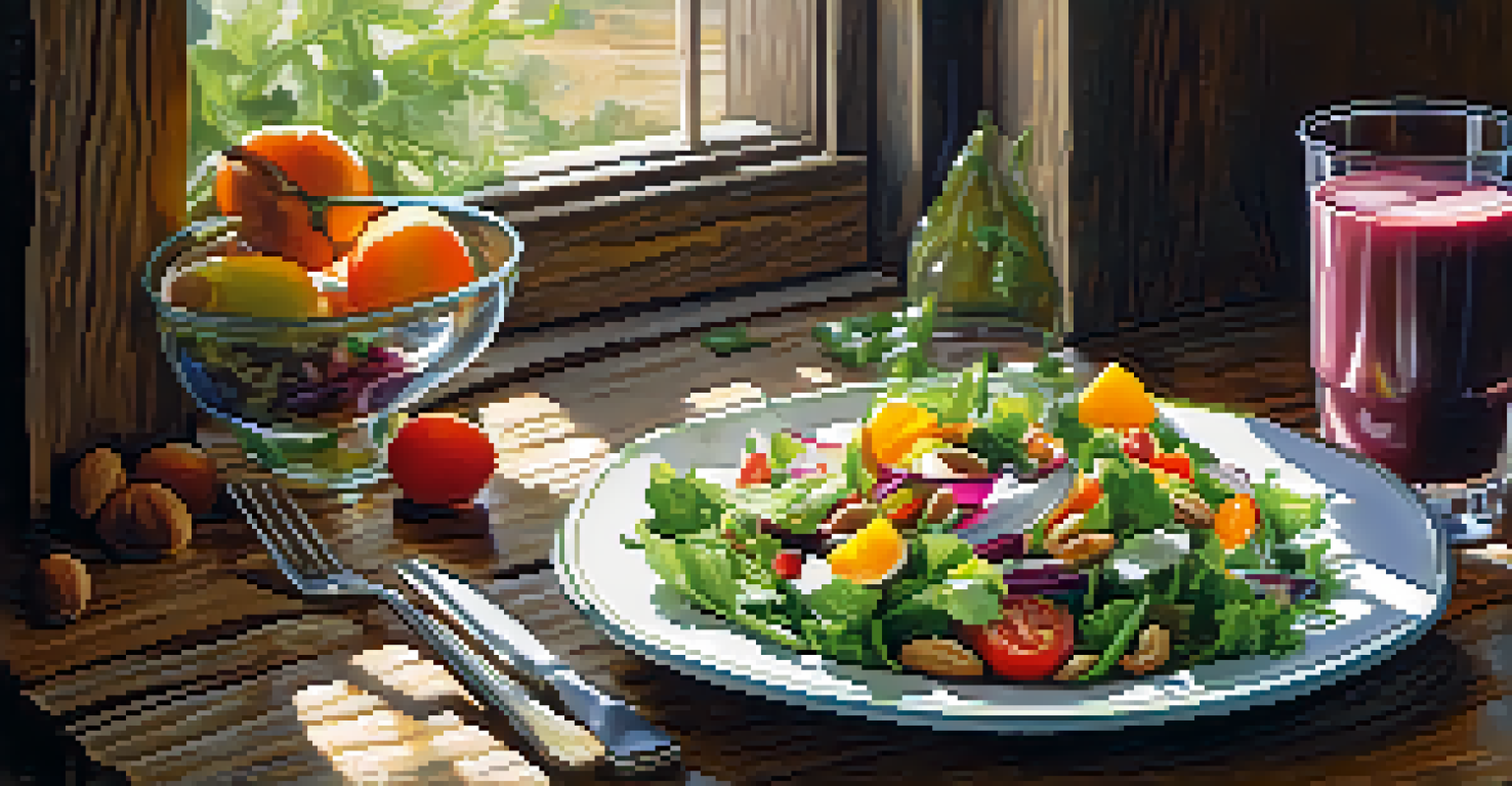 A colorful gourmet salad on a rustic wooden table, accompanied by a glass of fresh juice, with sunlight illuminating the scene.