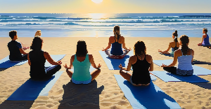 A group of people practicing yoga in a circle on the beach at Mission Beach, with waves and a sunny sky.