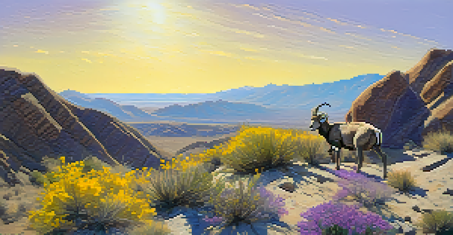 Wildflowers blooming in Anza-Borrego Desert State Park with a bighorn sheep on a rocky outcrop.