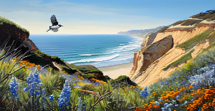 A birdwatcher observes a California gnatcatcher on a branch with cliffs and ocean in the background.