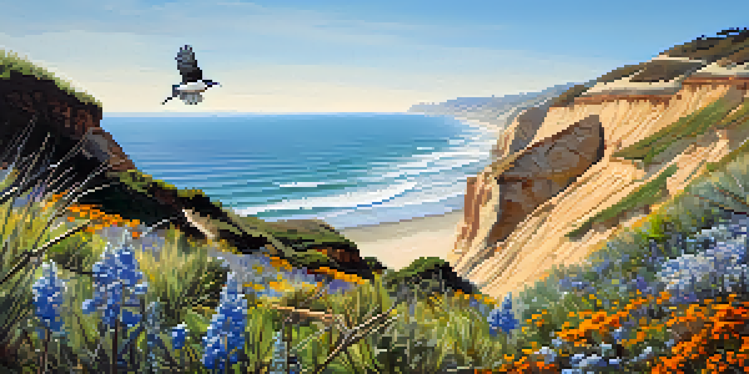 A birdwatcher observes a California gnatcatcher on a branch with cliffs and ocean in the background.