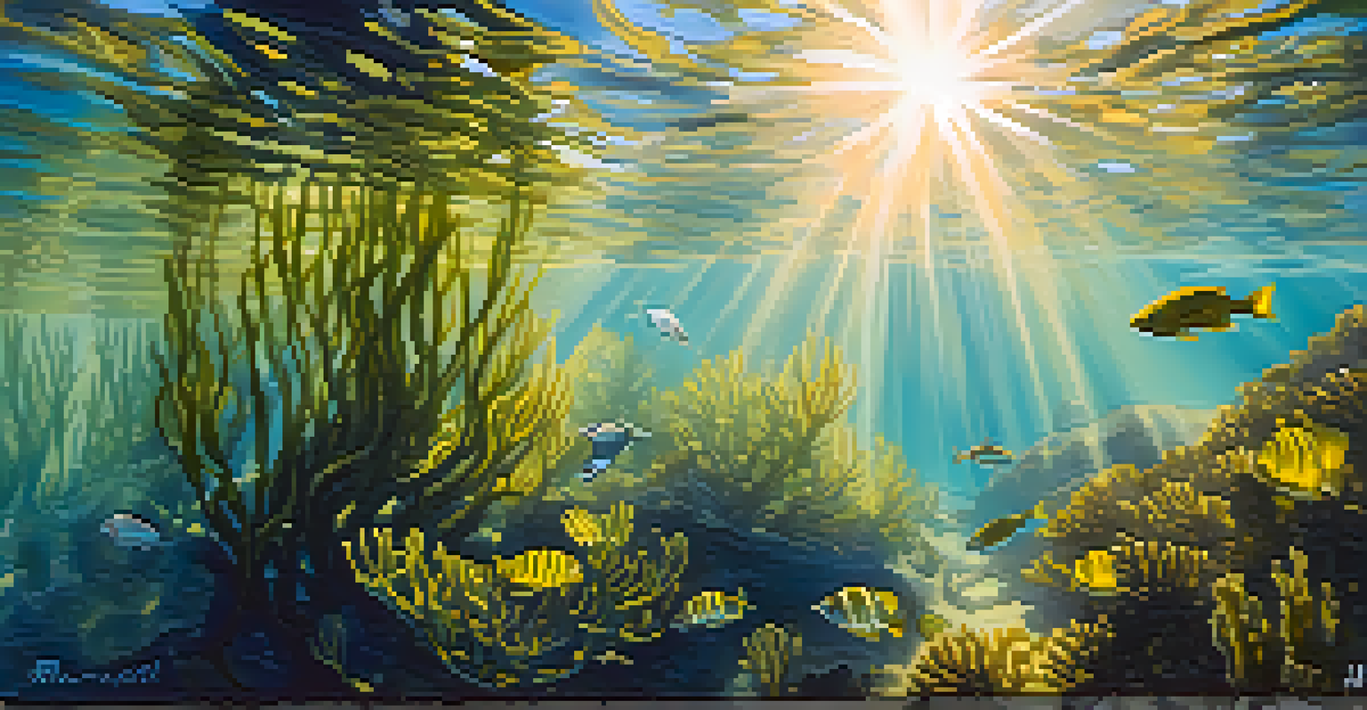 An underwater view of a kelp forest in San Diego, showcasing various fish species swimming among the kelp with sunlight filtering through the water.