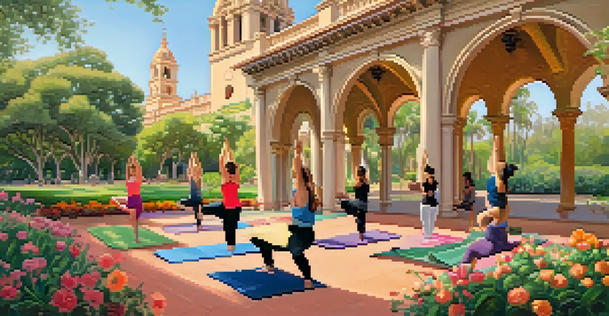 A diverse group of people practicing yoga in a lush garden at Balboa Park, with colorful mats and Spanish architecture in the background.