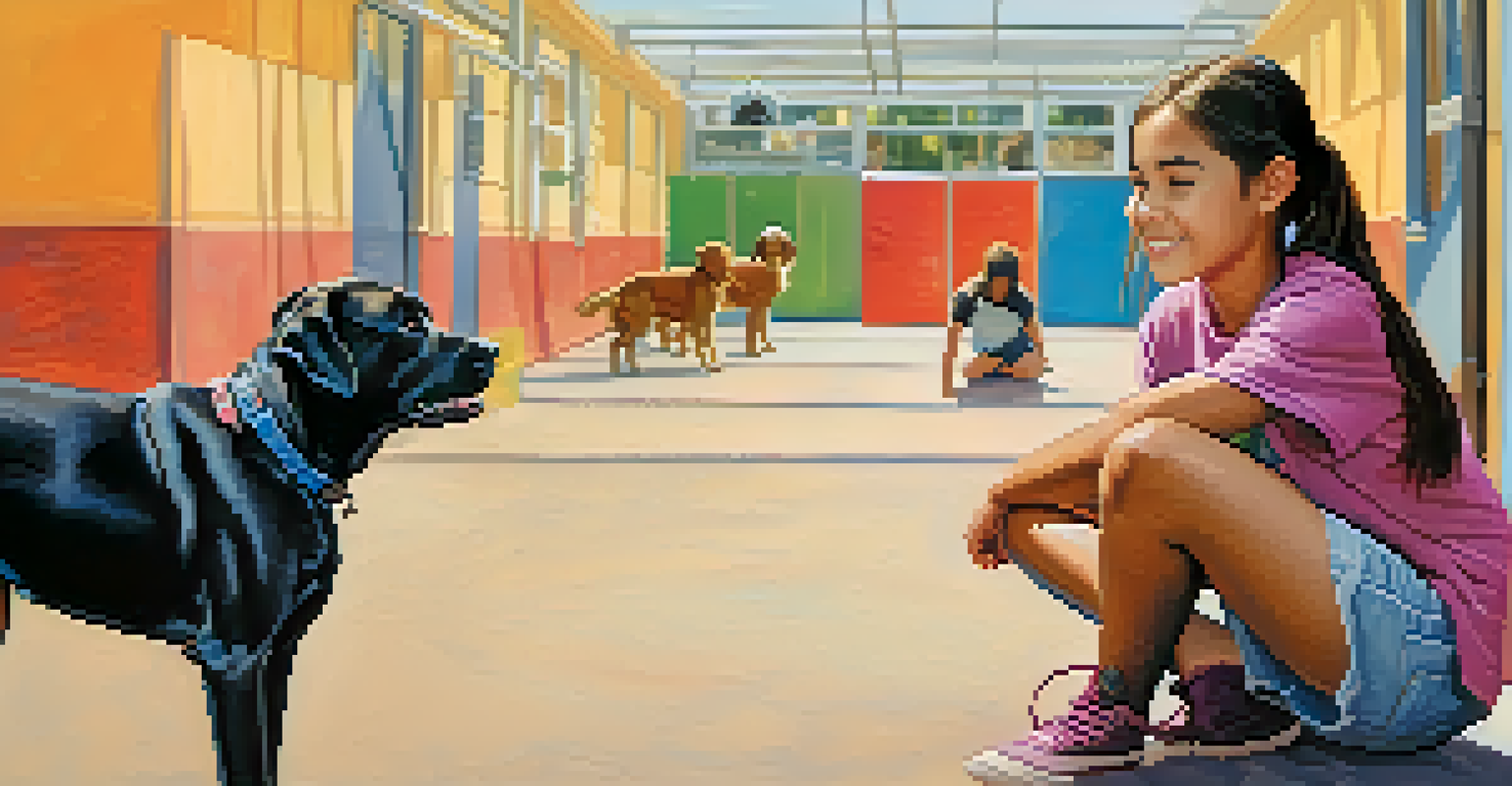 A teenager volunteering at an animal shelter, affectionately petting a dog in a bright and colorful environment.