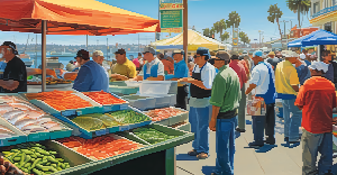 A busy seafood market in San Diego with fresh fish stalls and fishermen interacting with customers.
