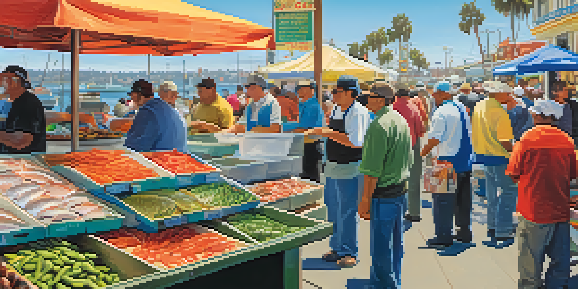 A busy seafood market in San Diego with fresh fish stalls and fishermen interacting with customers.