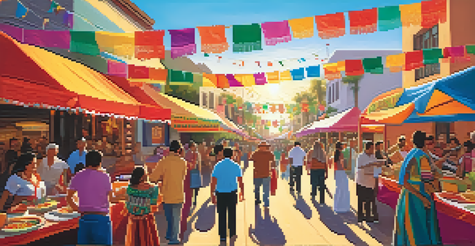 A lively Mexican festival in San Diego with colorful decorations, traditional dancers, and food stalls.