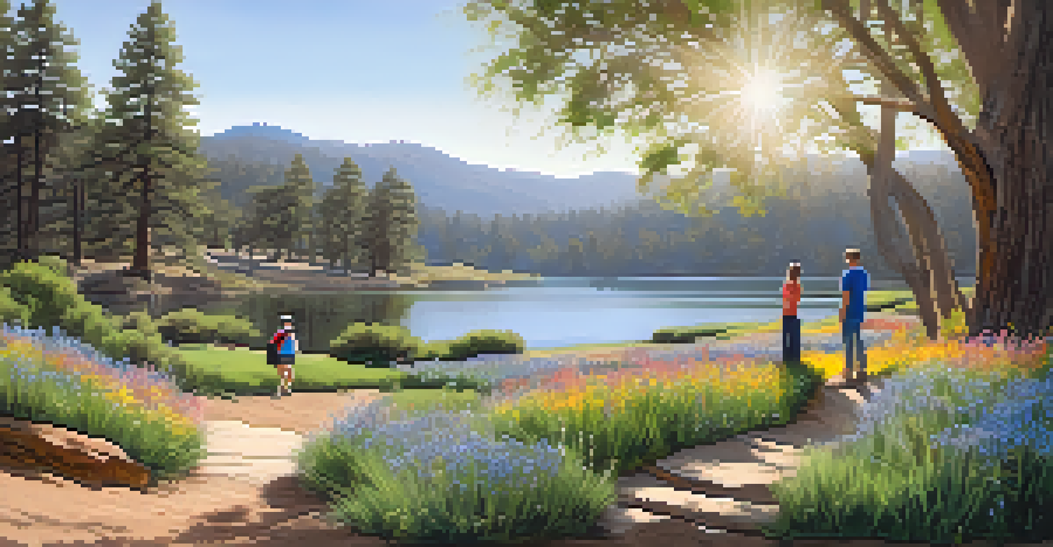 A calm lake surrounded by greenery and wildflowers, with a family hiking along a trail that leads to a waterfall.