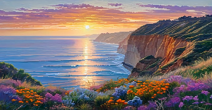 A beautiful sunrise over cliffs with a Great Blue Heron landing by the water, surrounded by colorful wildflowers.