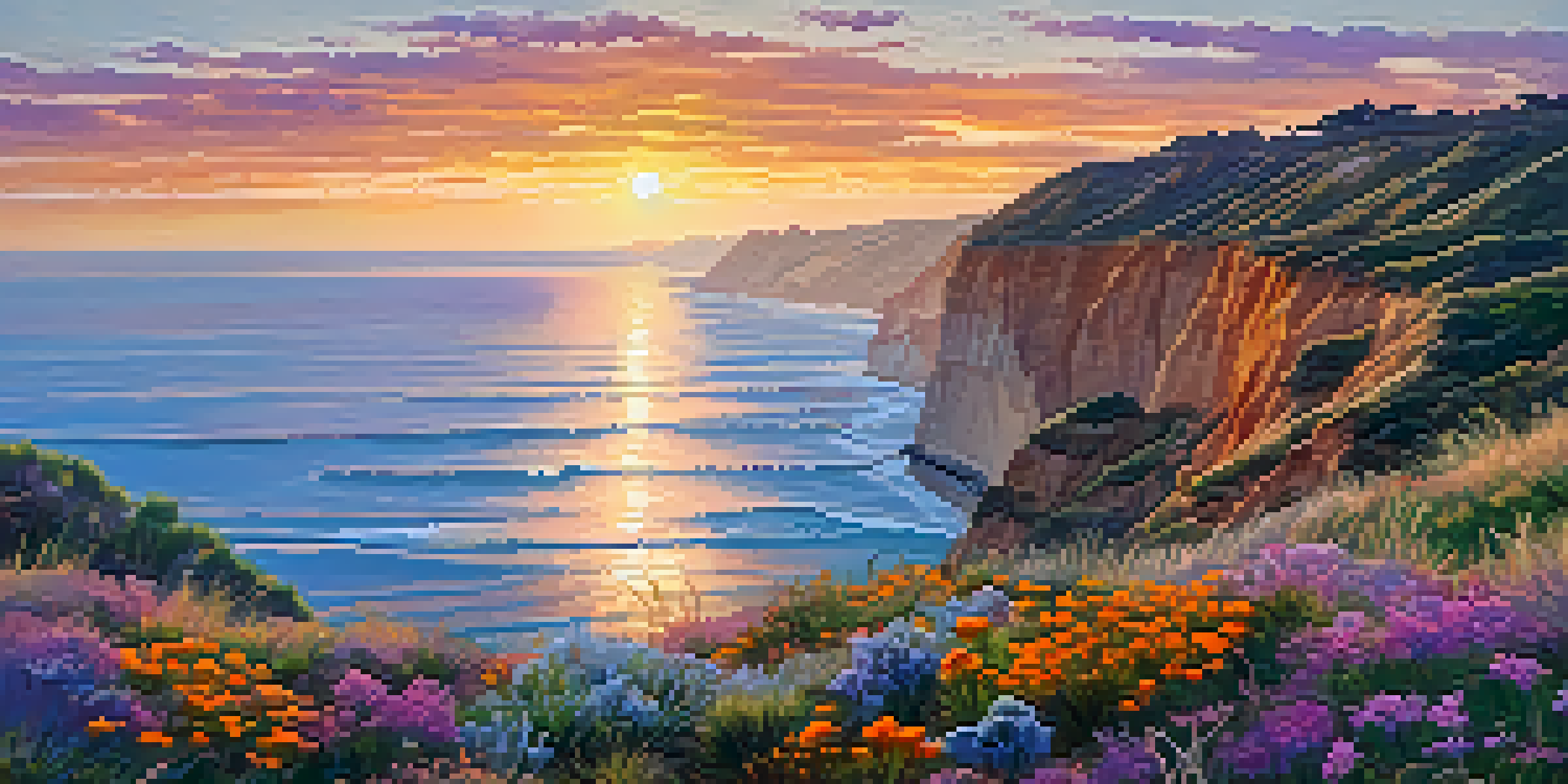 A beautiful sunrise over cliffs with a Great Blue Heron landing by the water, surrounded by colorful wildflowers.