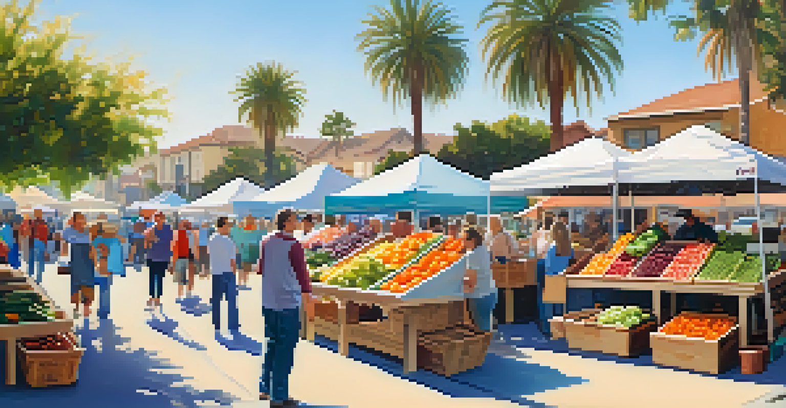 A bustling farmers' market in San Diego, featuring fresh produce and cheerful vendors, with palm trees and a sunny sky in the background.