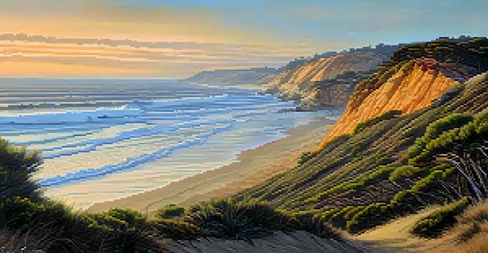 A sunset view of Torrey Pines State Natural Reserve with Torrey pine trees and the Pacific Ocean.