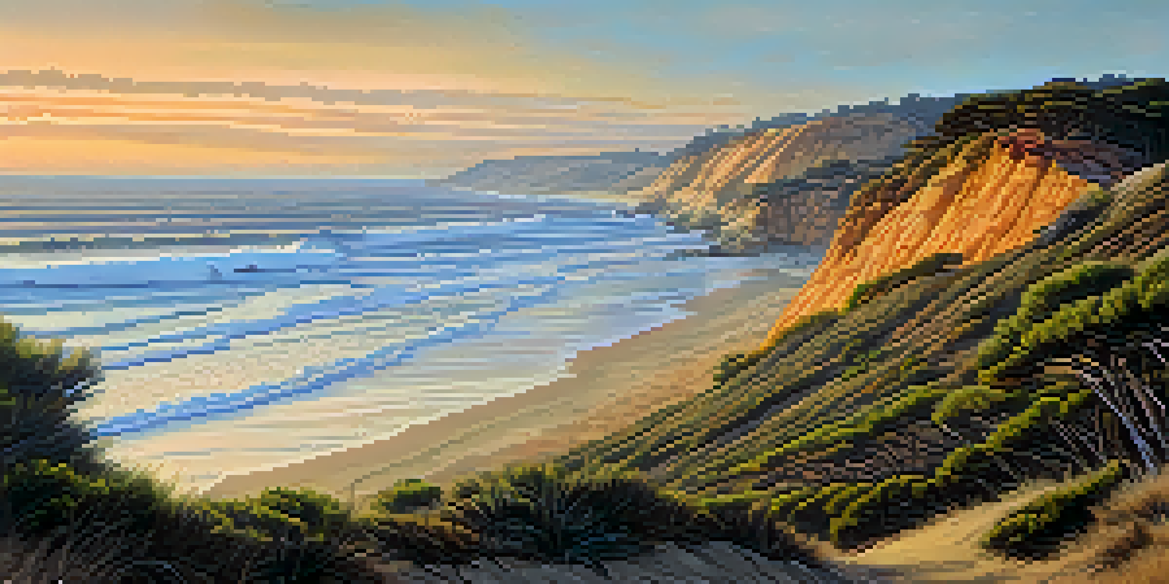 A sunset view of Torrey Pines State Natural Reserve with Torrey pine trees and the Pacific Ocean.