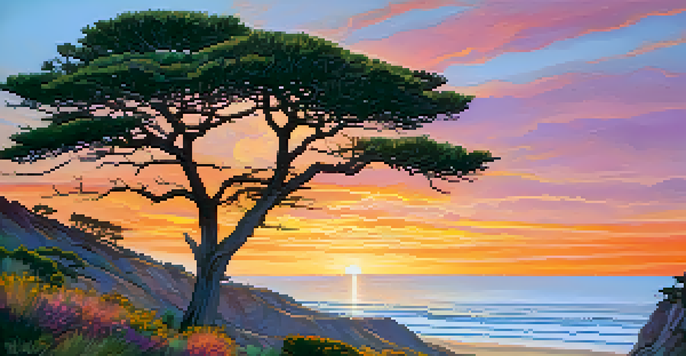 A scenic sunset view of cliffs at Torrey Pines State Natural Reserve, with the ocean in the background and Torrey Pine trees in the foreground.