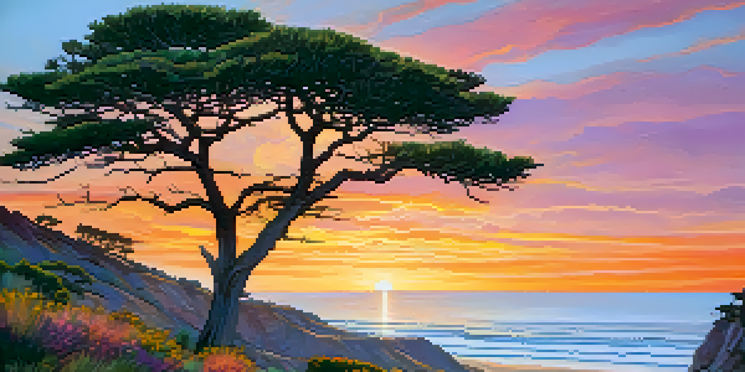 A scenic sunset view of cliffs at Torrey Pines State Natural Reserve, with the ocean in the background and Torrey Pine trees in the foreground.