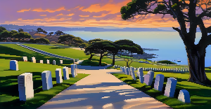 A scenic view of Fort Rosecrans National Cemetery with gravestones and a sunset over San Diego Bay.