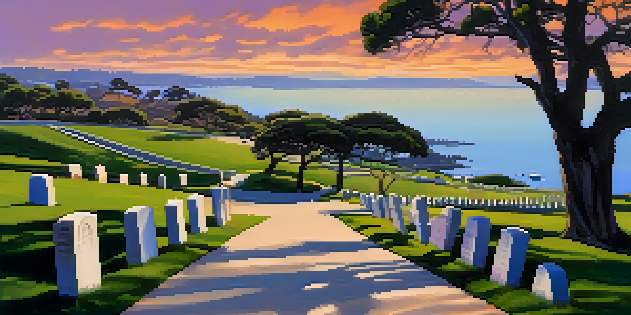 A scenic view of Fort Rosecrans National Cemetery with gravestones and a sunset over San Diego Bay.
