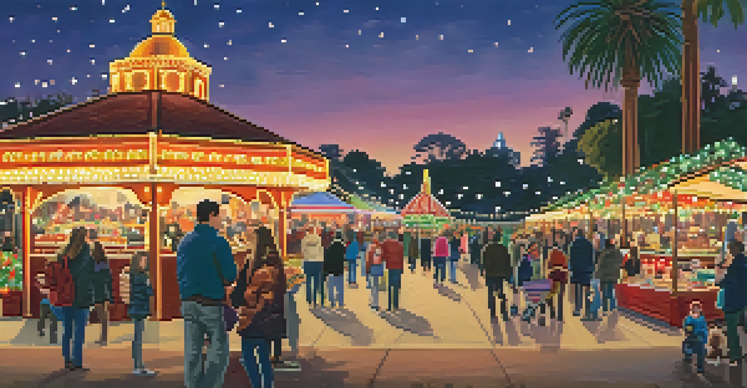 Balboa Park December Nights with twinkling lights, families enjoying food stalls, and festive decorations.