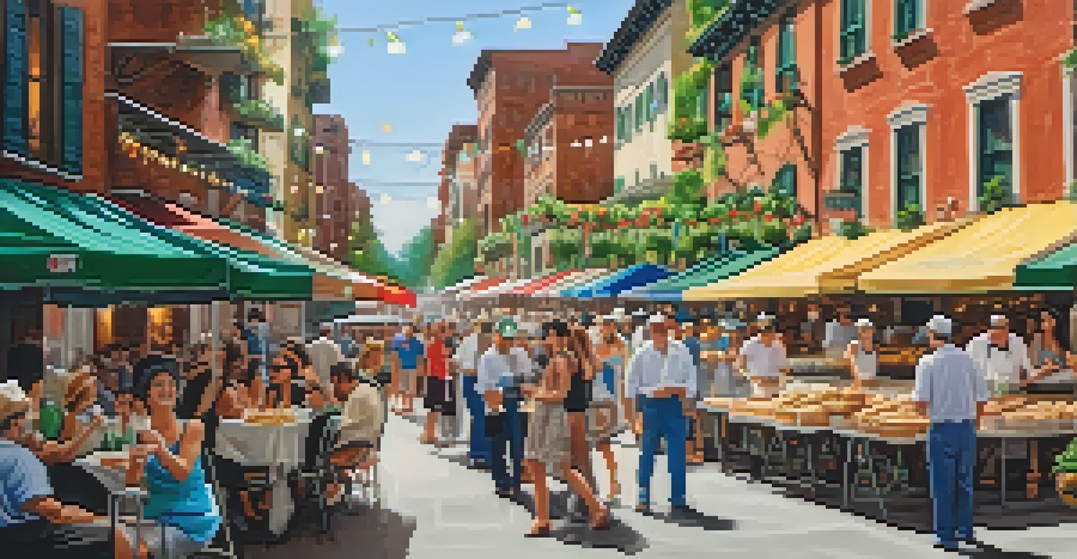 A festive scene at the Little Italy Festa, showcasing people enjoying Italian food, colorful decorations, and live music.
