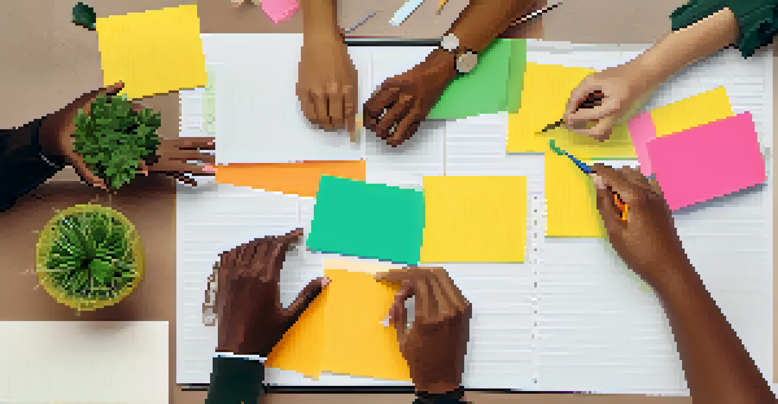 Hands of diverse individuals collaborating on a project in a colorful workspace.