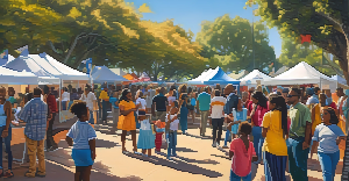A lively crowd at San Diego's Black History Festival enjoying art exhibits under colorful banners.