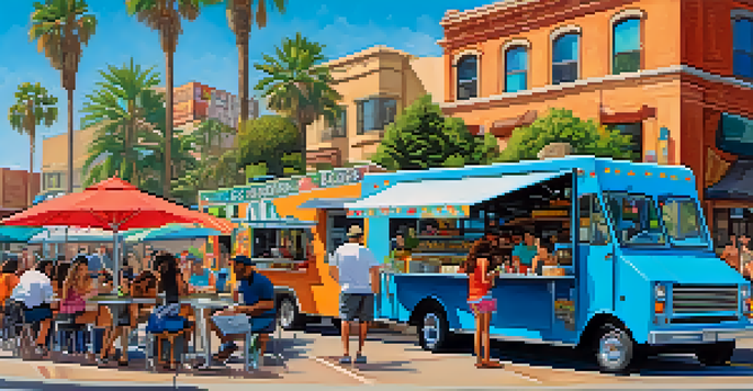A lively street food scene in San Diego with colorful food trucks and diverse people enjoying gourmet tacos and craft beers under a clear blue sky.