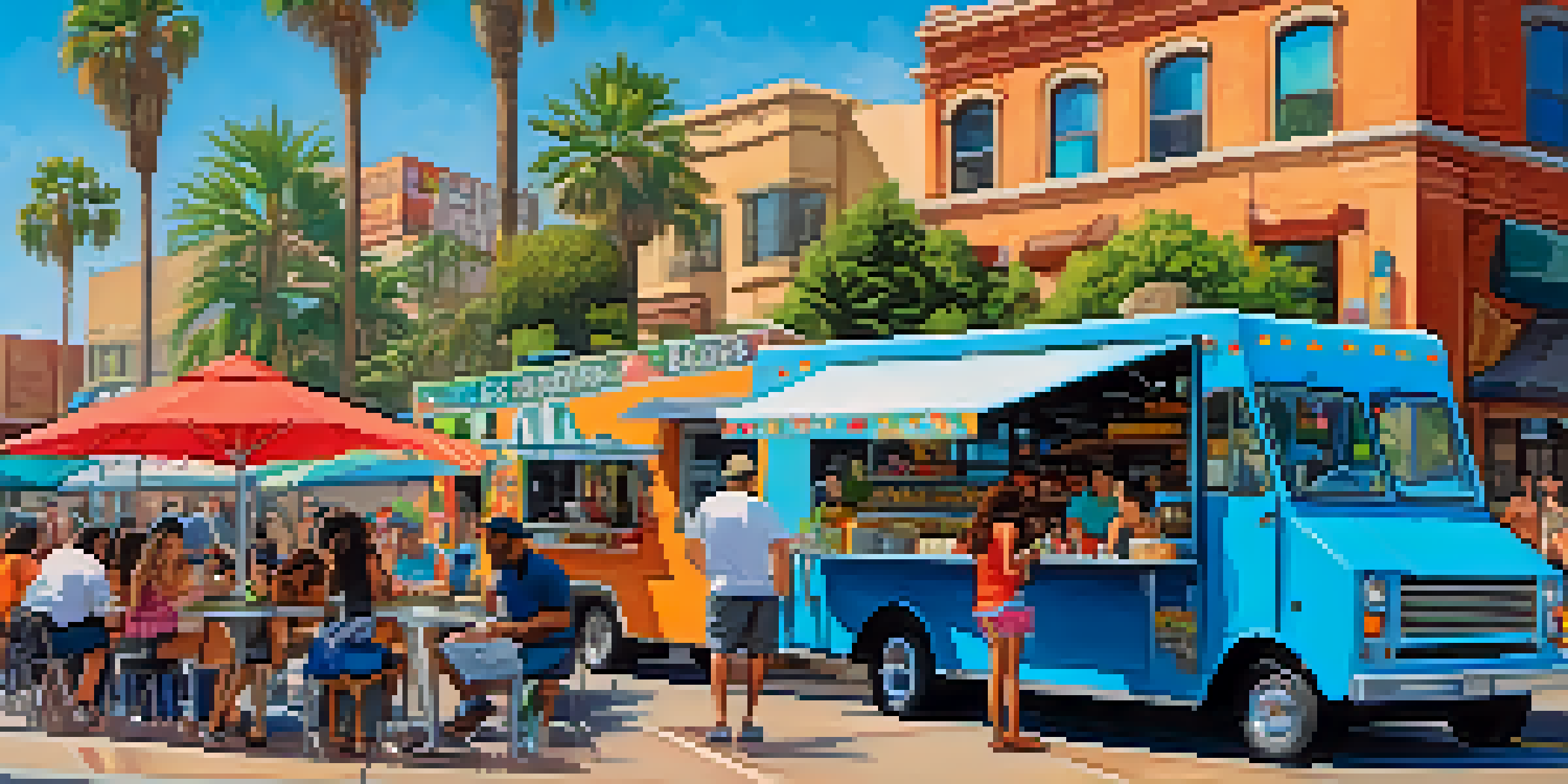 A lively street food scene in San Diego with colorful food trucks and diverse people enjoying gourmet tacos and craft beers under a clear blue sky.