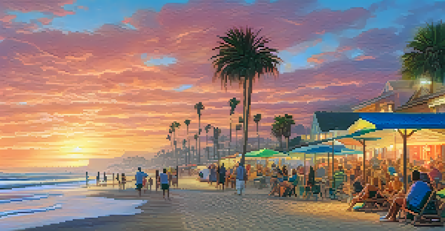 A vibrant sunset at Mission Beach with couples around bonfires, surfers in the water, and a colorful sky.