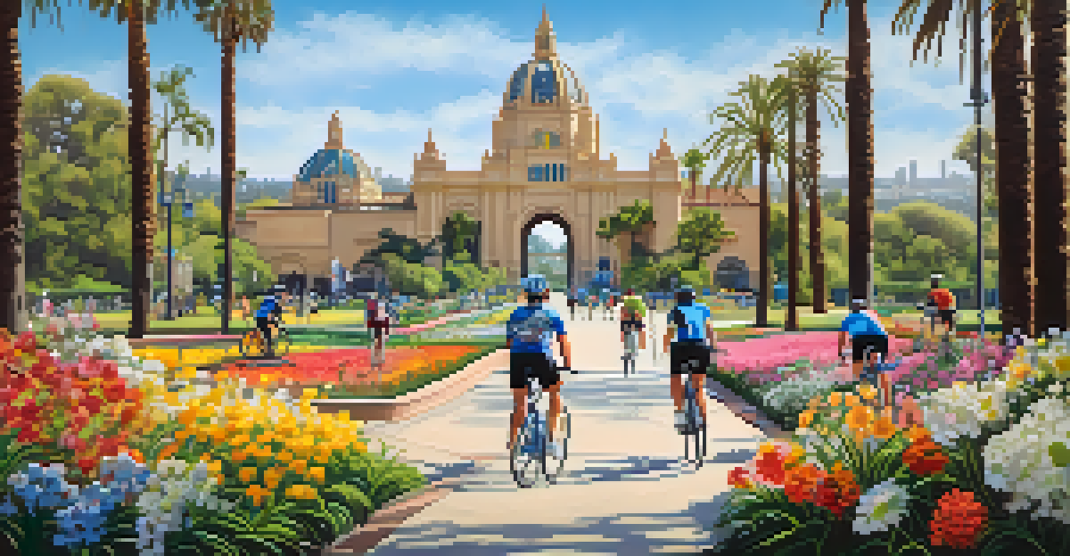 Families cycling in Balboa Park, surrounded by colorful flowers and cultural attractions.