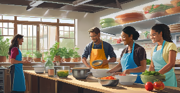 A diverse group of adult learners participating in a cooking class, with a smiling instructor demonstrating techniques in a bright and colorful classroom.