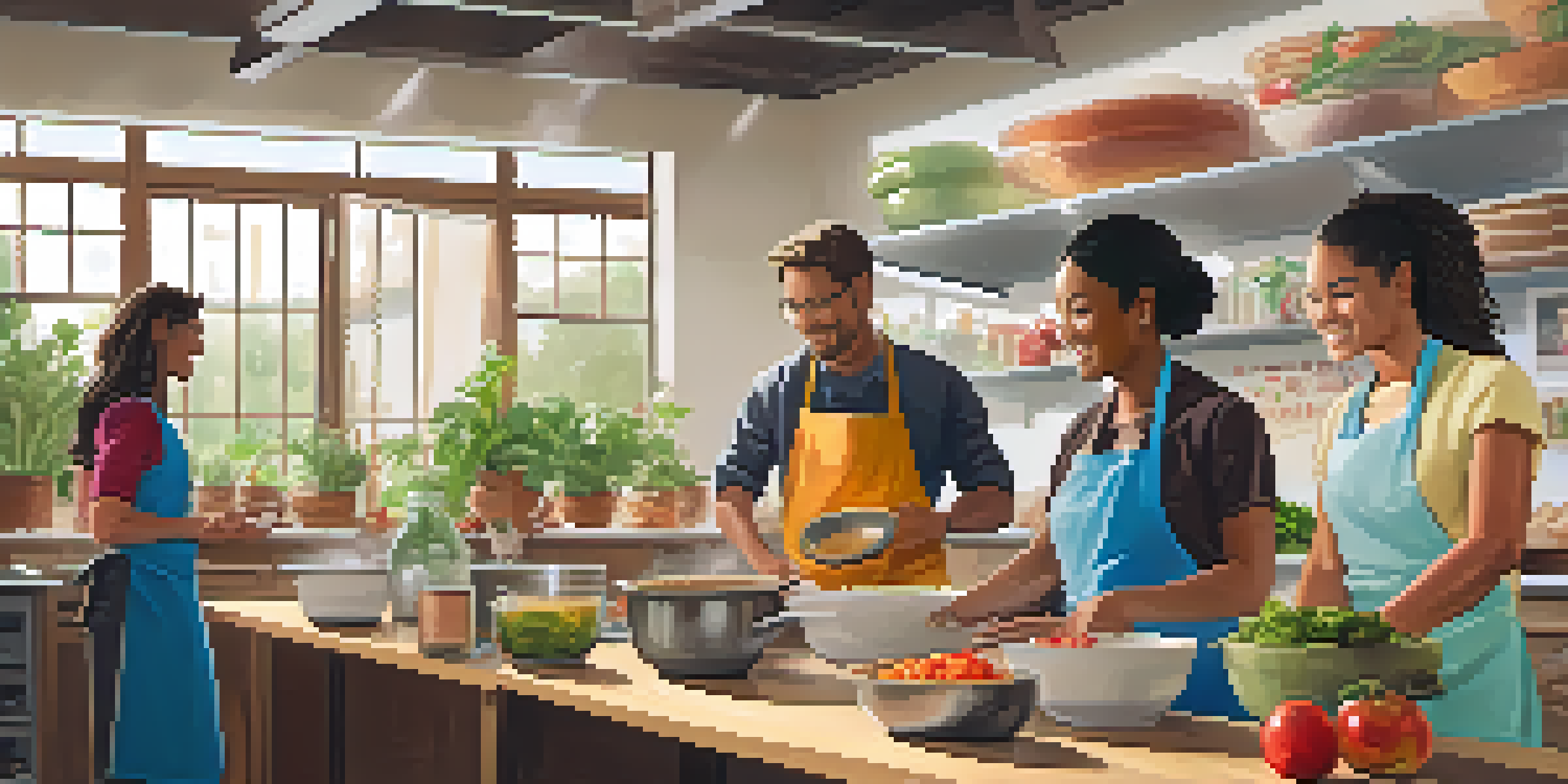 A diverse group of adult learners participating in a cooking class, with a smiling instructor demonstrating techniques in a bright and colorful classroom.
