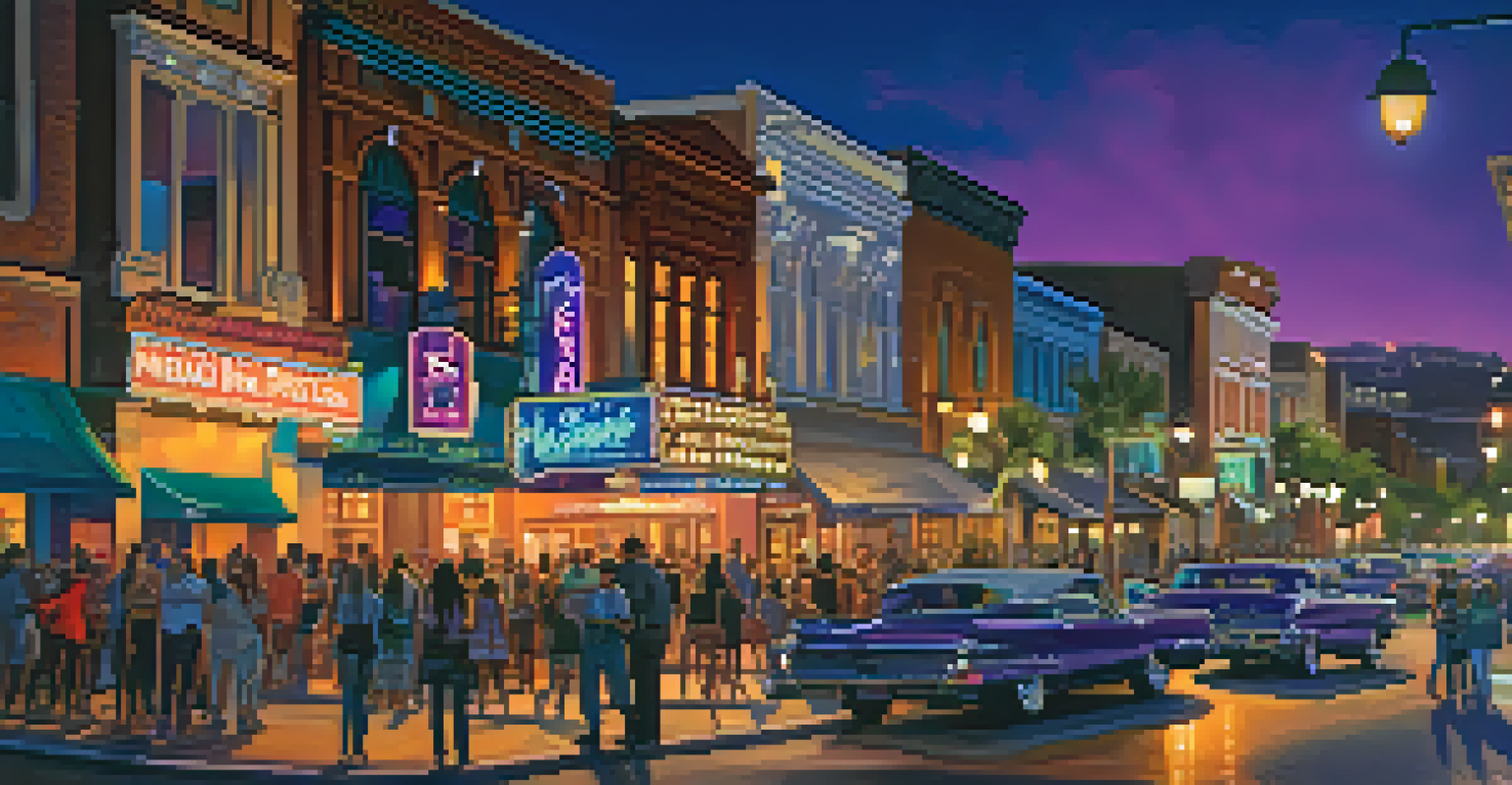 A lively night scene in the Gaslamp Quarter, featuring illuminated buildings and people enjoying nightlife.