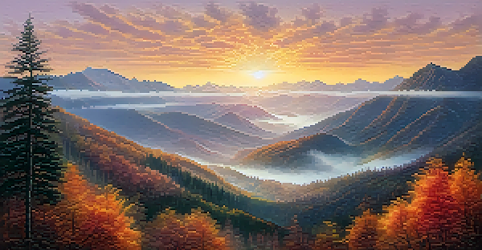 A panoramic view of Black Mountain at sunrise, with mist and glowing forest in the foreground.