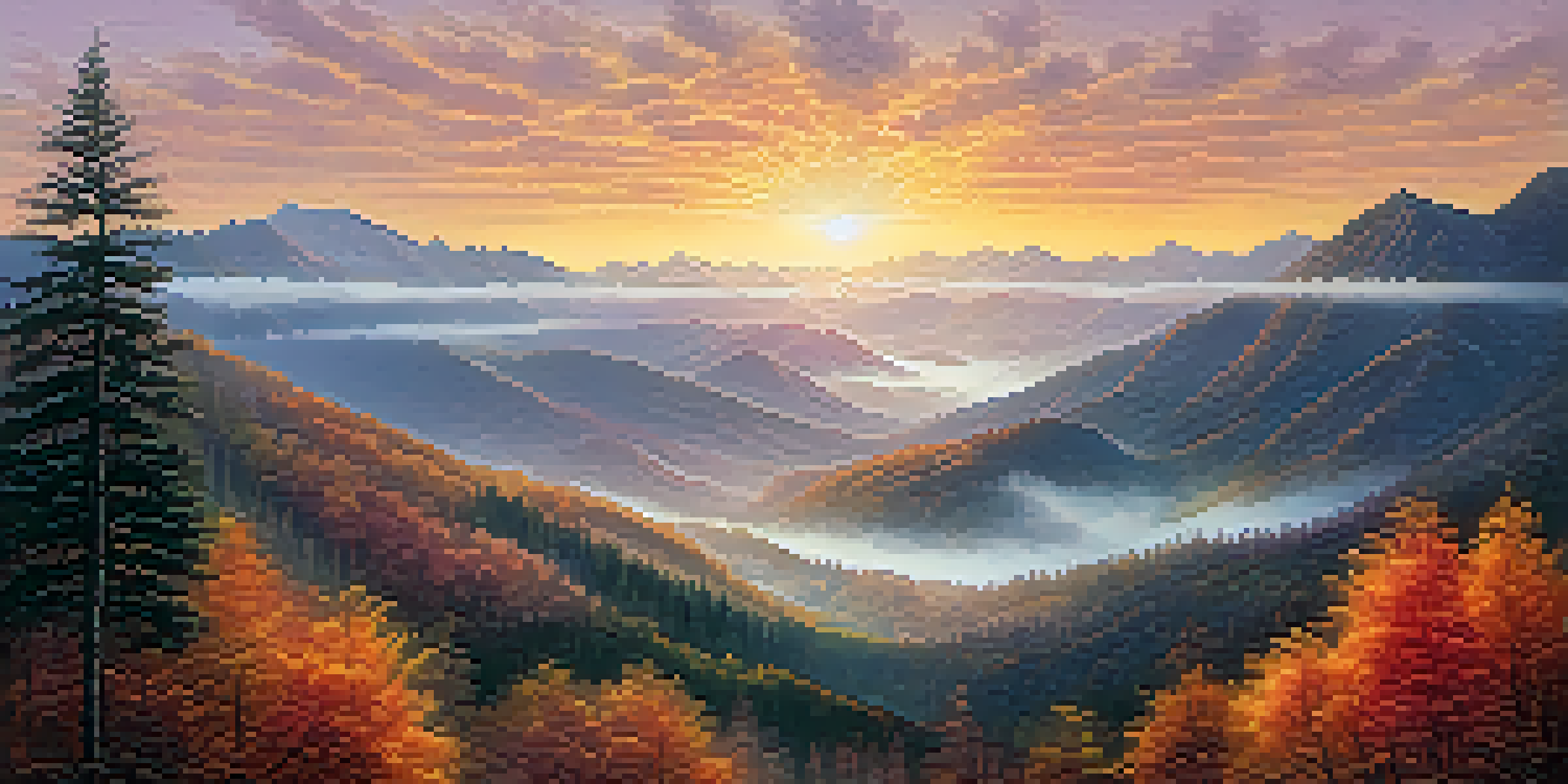 A panoramic view of Black Mountain at sunrise, with mist and glowing forest in the foreground.