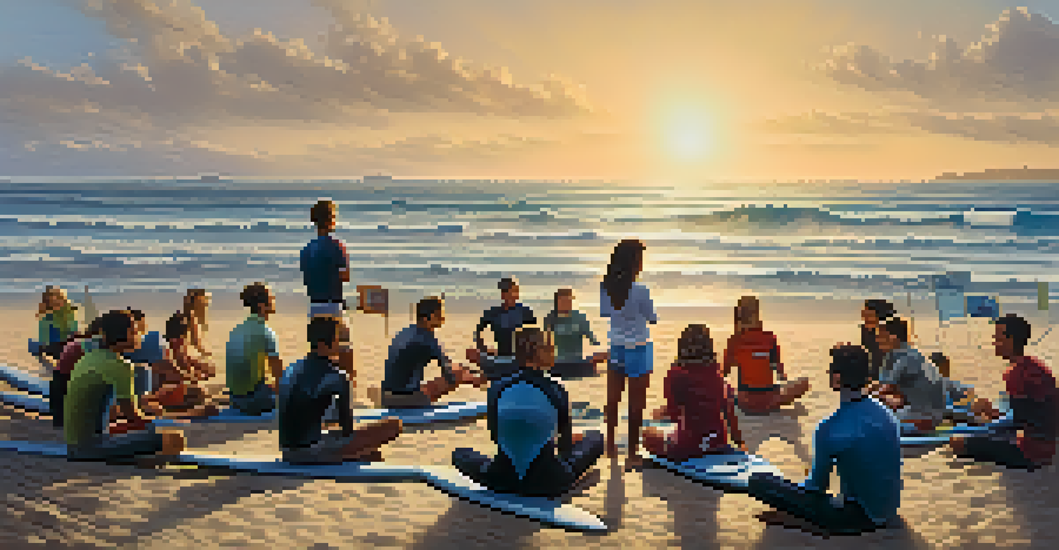 A group of surfers attending an educational workshop on the beach, learning about ocean conservation with surfboards and the ocean in the background.