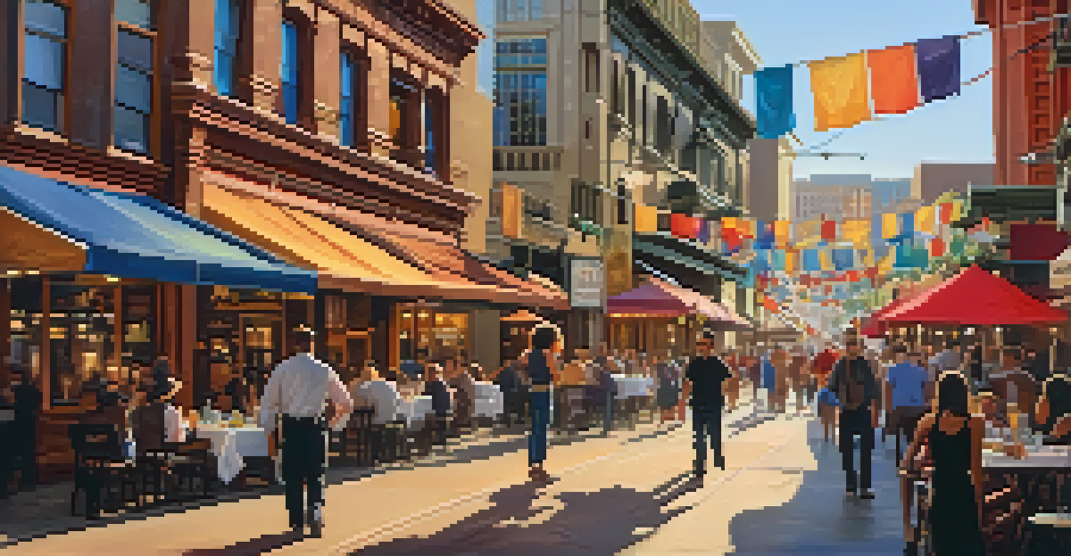 A lively Gaslamp Quarter street scene with historic buildings, outdoor dining, and street performers.