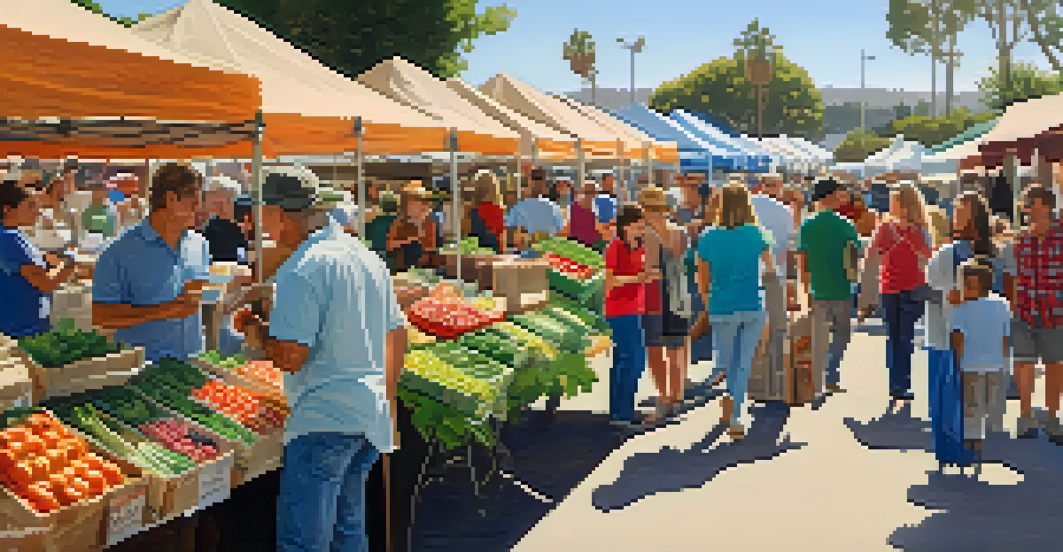 A lively farmers' market with colorful stalls, fresh produce, and people mingling and enjoying the community vibe.